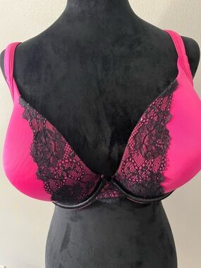 Cacique 42DD Hot Pink Black Lace Underwire Bra Plus Size Sexy Full Coverage